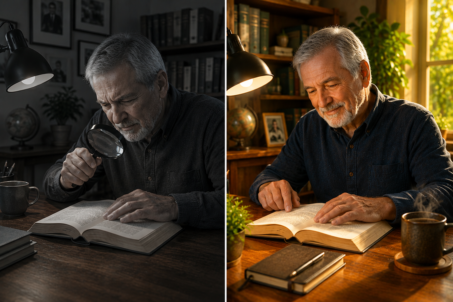 Before and after — man reading with and without difficulty